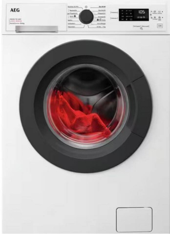 Moderne AEG-Waschmaschine mit roter Kleidung in der Trommel, zeigt 1 Stunde 5 Minuten Restzeit an.