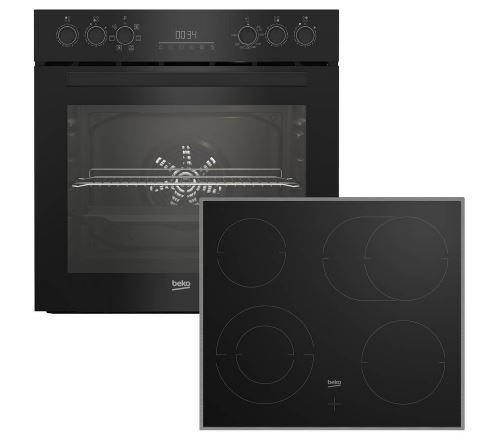 Ein moderner schwarzer Einbau-Backofen mit digitalem Display und ein glattes Glaskeramik-Kochfeld.