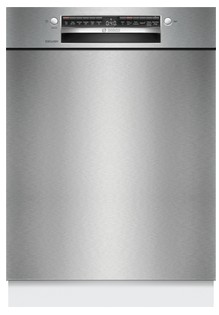 Edelstahl-Geschirrspülmaschine mit glatter Front und modernem Bedienfeld, neutral und elegant designt.
