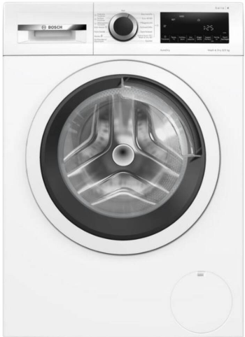 Moderne weiße Bosch Waschmaschine Serie 4 mit silbernem Bullauge und digitalem Bedienfeld.