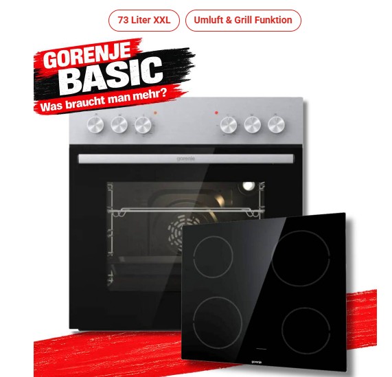 Werbeanzeige für Gorenje BASIC Backofen mit Kochfeld, schwarz-silbernes Design, 73 Liter Kapazität.