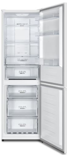 Ein offener, leerer Kühlschrank mit weißem, modernem Design und transparenten Regalen.