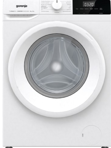 Weiße Gorenje Frontlader-Waschmaschine mit grauem Bullauge und modernem Bedienfeld, zeigt 03:20.
