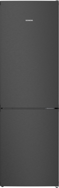 Ein moderner, freistehender Siemens-Kühlschrank in mattem Grau mit zwei Türen, aus Edelstahl.