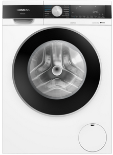 Moderne Siemens-Waschmaschine mit großem Bullauge, weißem Gehäuse und schwarzem Bedienfeld.