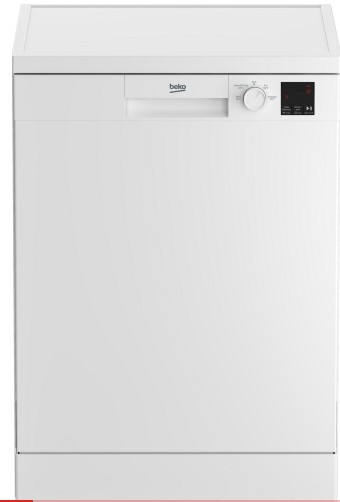 Eine weiße Geschirrspülmaschine mit schlichtem Design und schwarzen Akzenten am Bedienfeld.