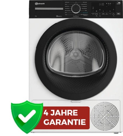Ein weißer Wäschetrockner mit großer runder Tür und grünem "4 Jahre Garantie"-Schild im Vordergrund.
