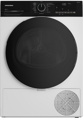 Ein moderner, weißer Grundig Wäschetrockner mit schwarzer Tür und digitalem Bedienfeld.