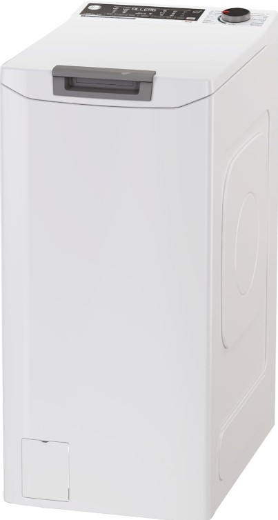 Weiße Toplader-Waschmaschine mit schwarzem Bedienfeld und Drehknopf, modern und funktional gestaltet.