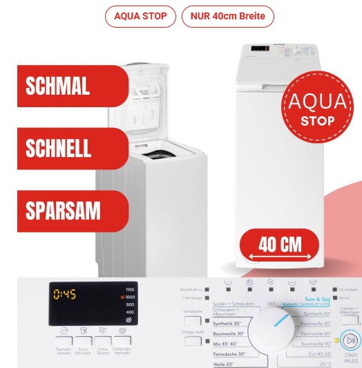 Zwei weiße Toplader-Waschmaschinen, eine geöffnet, eine geschlossen, mit digitalem Display und Programmen.