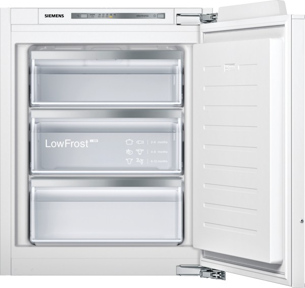 Ein geöffneter Siemens-Gefrierschrank mit drei transparenten Schubladen und "LowFrost"-Technologie.