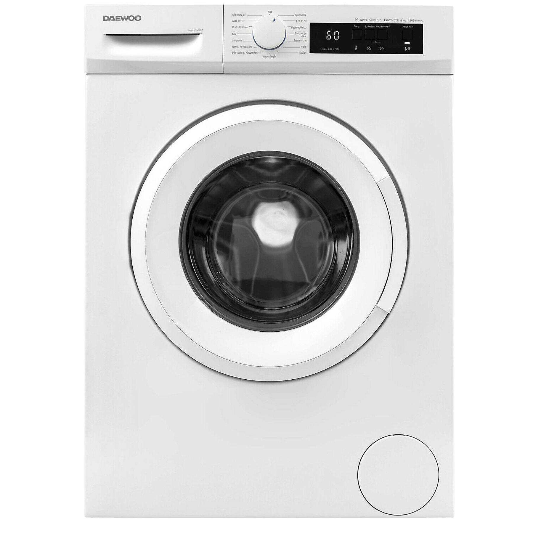 Moderne weiße Frontlader-Waschmaschine mit silbernem Bullauge und digitalem Display im Standby-Modus.