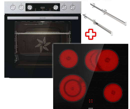 Moderne Kücheneinheit mit schwarzem Backofen und leuchtendem Kochfeld, rot hervorgehobene Kochzonen.