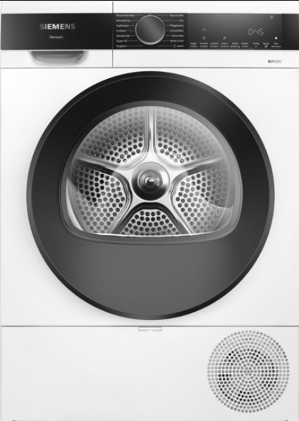 Ein moderner, weißer Siemens-Wäschetrockner mit silbernem Bullauge und schwarzem Bedienfeld.