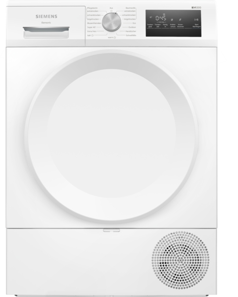 Ein weißer Siemens-Wäschetrockner mit Frontlader und digitalem Bedienfeld in einem modernen Design.