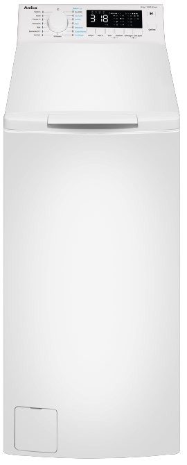 Weiße Toplader-Waschmaschine mit digitalem Display und Drehknopf, modern und funktional gestaltet.