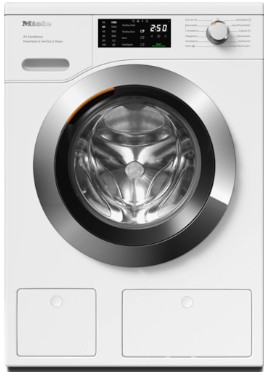 Moderne weiße Frontlader-Waschmaschine mit großer Glastür und digitalem Display in einer Haushaltsumgebung.