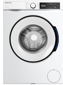 Moderne weiße Waschmaschine mit runder, transparenter Tür und digitalem Bedienfeld.