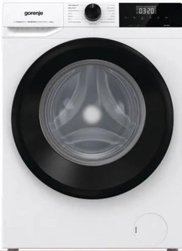 Moderne weiße Gorenje-Waschmaschine mit großem, schwarzem Bullauge und digitalem Bedienfeld.