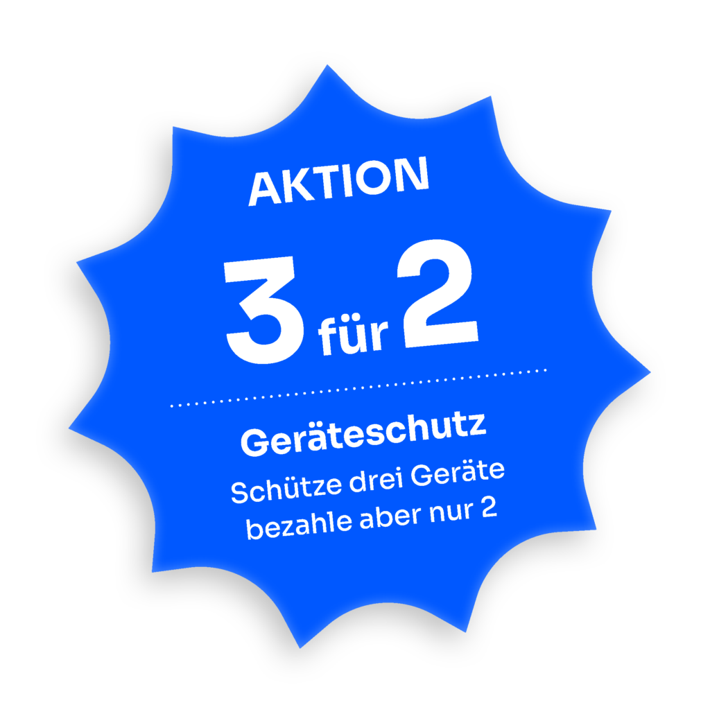 Blauer Stern mit weißem Text "AKTION 3 für 2 Geräteschutz" auf blauem Hintergrund, Werbebanner.