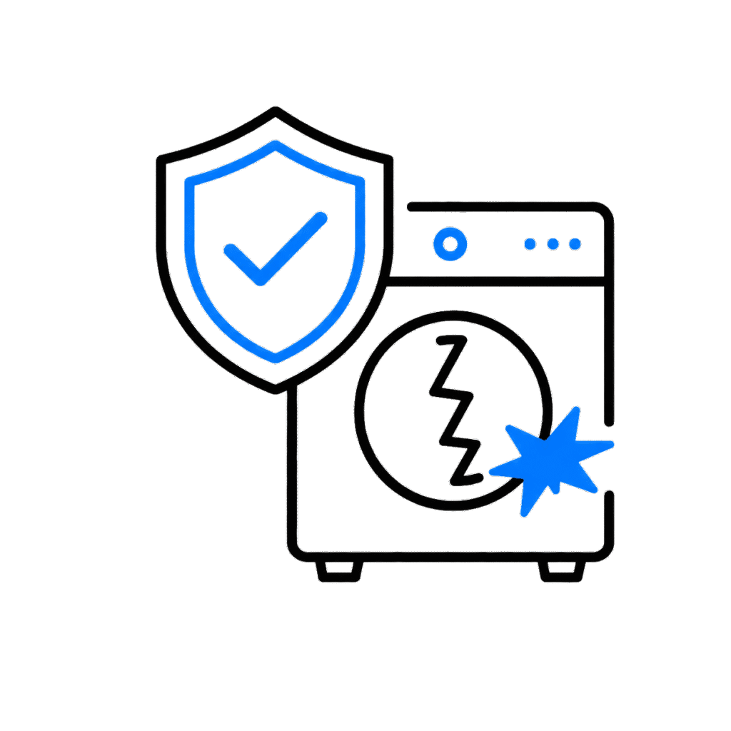 Illustration einer Waschmaschine mit Blitzsymbol und einem Schild mit Häkchen, das Schutz symbolisiert.