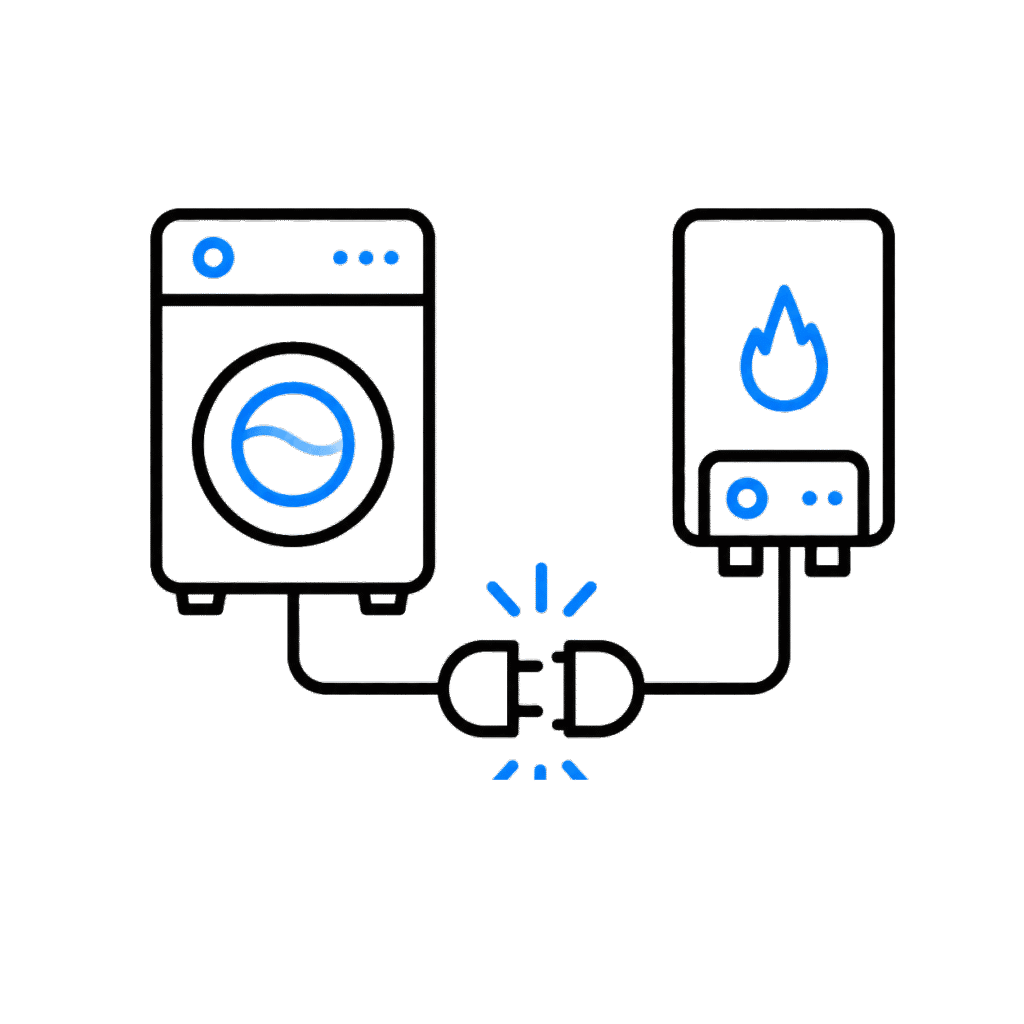 Illustration einer Waschmaschine und eines Heizgeräts, verbunden durch ein Kabel mit blauem Stecker.