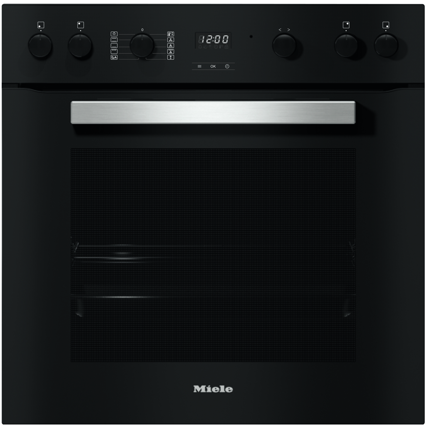 Moderner Miele Backofen, schwarz mit silbernem Griff, ausgeschaltet, minimalistisches Design.